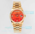 TWS Factory Replica Rolex Day-Date 36MM Fluted Bezel Red Dial Yellow Gold Watch 